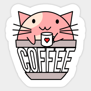 Cat in coffee cup with warped text holding coffee cup with heart pink and white Sticker